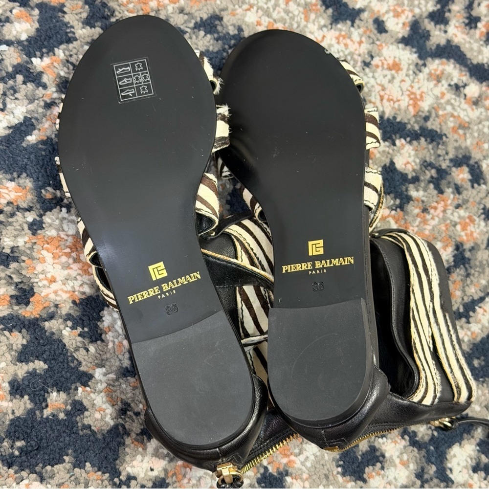 NWOT Pierre Balmain ‘Amelie’ Zebra Print Pony Hair Strappy Zip-Back Sandals Sz 6 - Picture 7 of 16